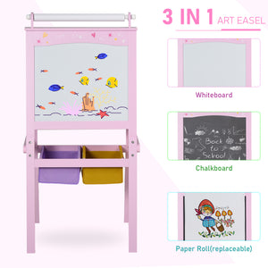 3 in 1 Wooden Art Easel with Paper Roll, Chalkboard and Whiteboard, Pink