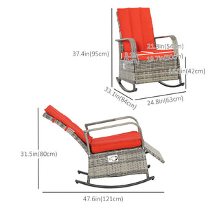 Outdoor Wicker Rocking Chair with Cushion, Patio PE Rattan Recliner Chair with Adjustable Footrest, Armrests, Red