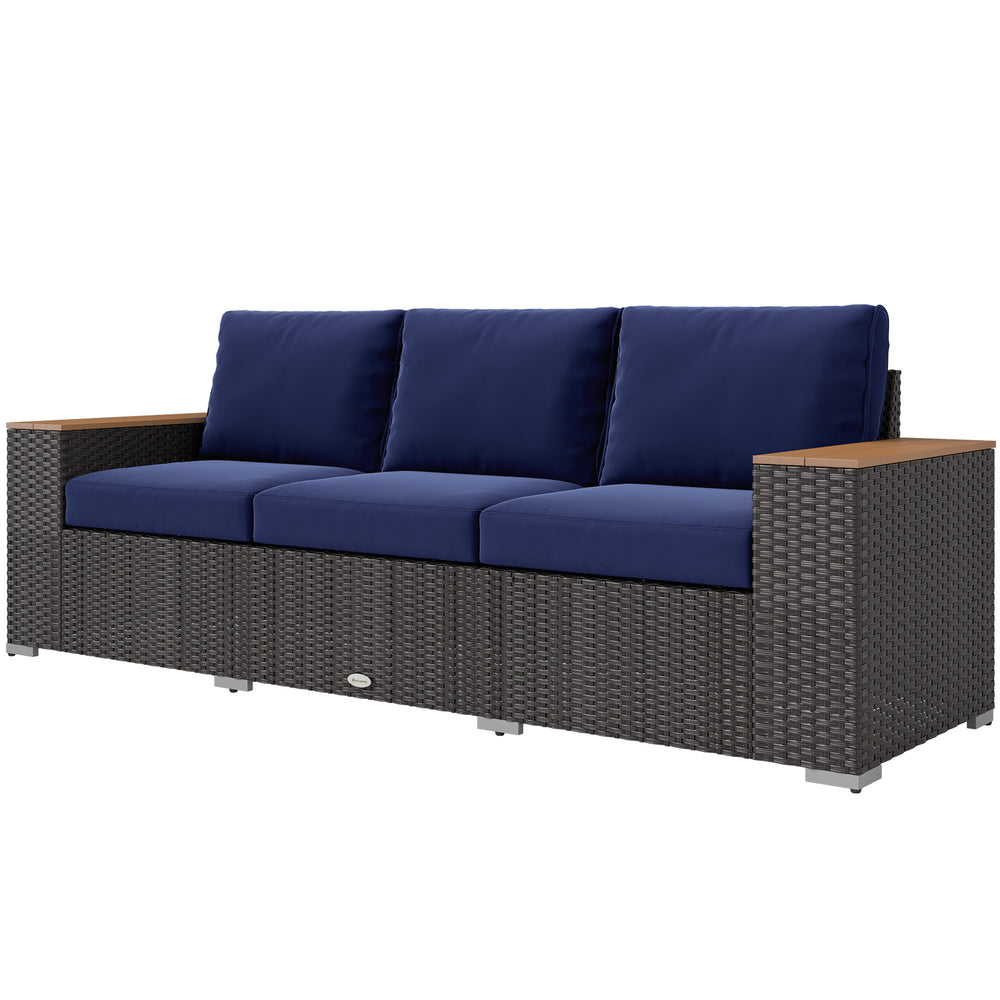 3-Seater Outdoor Sofa Couch, PE Wicker Patio Sofa with Cushions, Wood Grain Armrests, Dark Blue