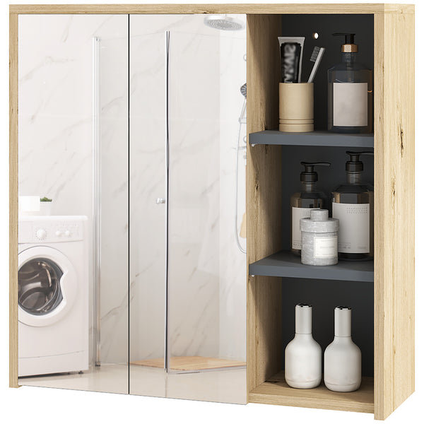 Wall-mounted bathroom cabinet with mirror and 5 storage compartments – Natural wood effect