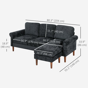 Modern corner sofa with removable chaise longue, wooden legs, black
