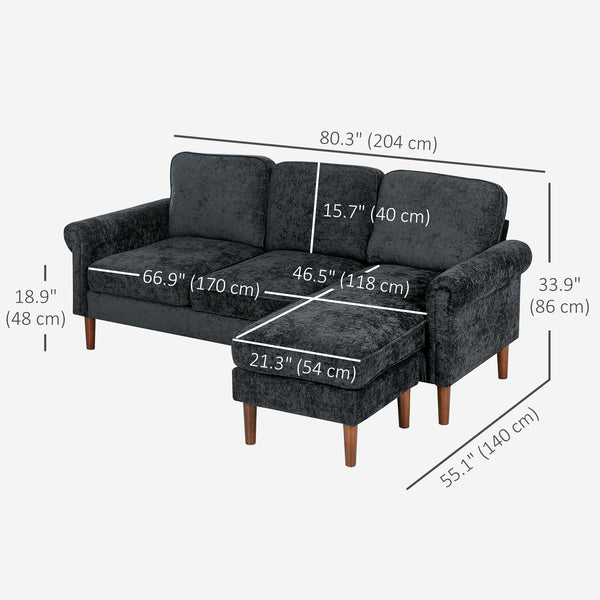 Modern corner sofa with removable chaise longue, wooden legs, black