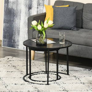 Set of 2 Modern Round Coffee Tables with Faux Marble Top and Metal Frame, Black