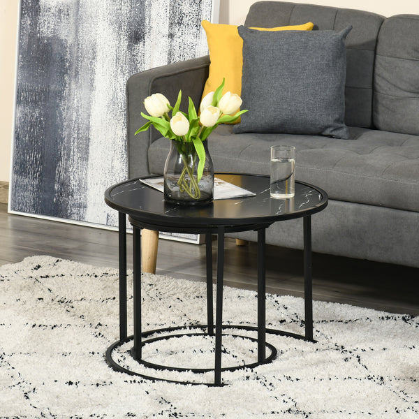 Set of 2 Modern Round Coffee Tables with Faux Marble Top and Metal Frame, Black