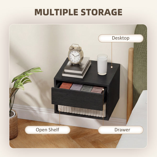 Set of 2 floating nightstands with drawer and open shelf – Black