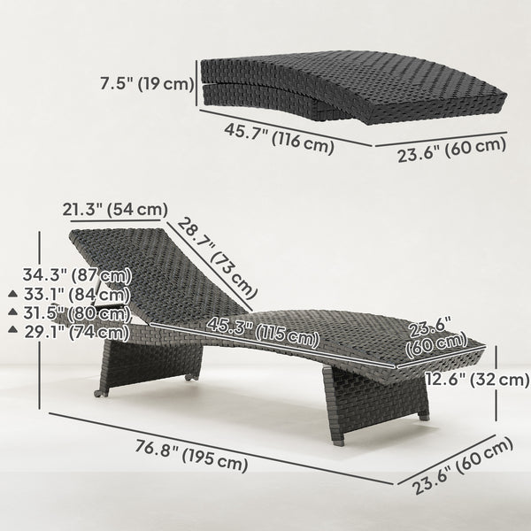 Folding wicker chaise lounge with 4-position adjustable backrest, black 