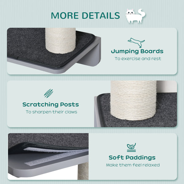 Wall-mounted cat tree with 4 platforms and 3 scratching posts, light grey