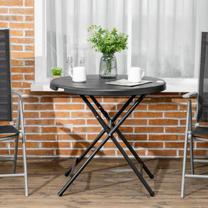 Round folding patio table with HDPE top and steel frame, dark grey