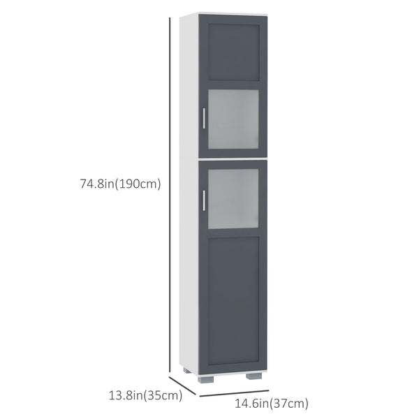 Bathroom storage cabinet with frosted glass doors and 5-tier shelves, white and gray