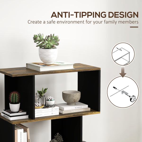 Geometric S-shaped bookcase, tall and narrow shelf for living room or office, rustic brown