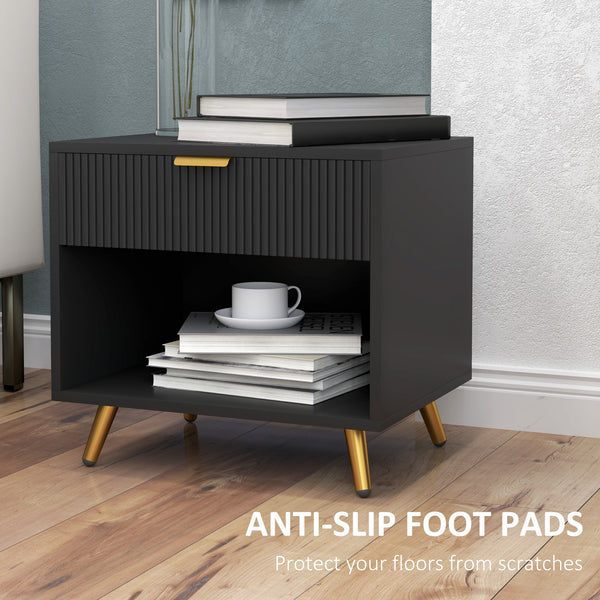 Bedside table with fluted panel, drawer and open compartment, black 