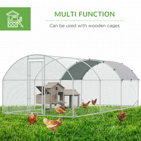 Large galvanized metal chicken coop with outdoor run