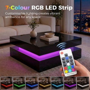 LED Coffee Table with 2-Tier Storage with Open Shelf and Remote Control for Living Room, High Gloss Black