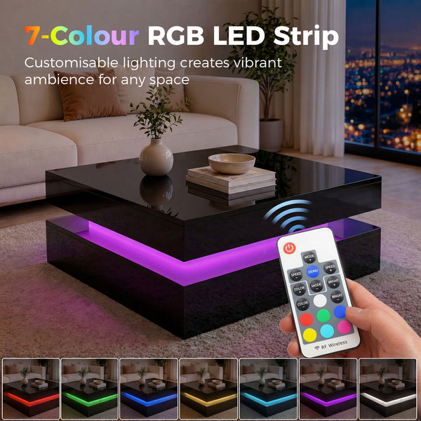 LED Coffee Table with 2-Tier Storage with Open Shelf and Remote Control for Living Room, High Gloss Black