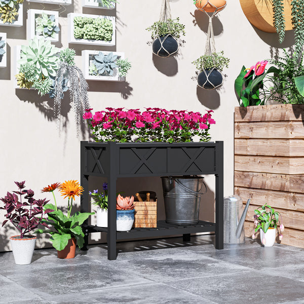 Wooden Raised Bed with Storage Shelf, Drainage Holes and Liner, 86 x 45 x 76 cm, Black