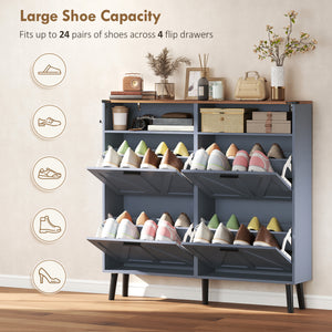 Shoe cabinet with 4 tip-out drawers, country style, narrow, holds up to 24 pairs, blue