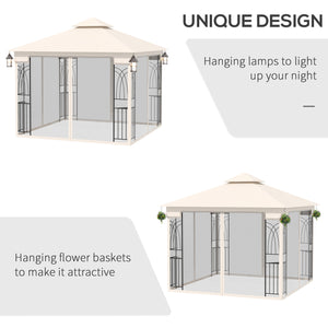 10'x10' Soft Top Patio Gazebo with Two-Tier Roof, Mesh Curtains, Display Shelves, Top Hooks, Cream Color