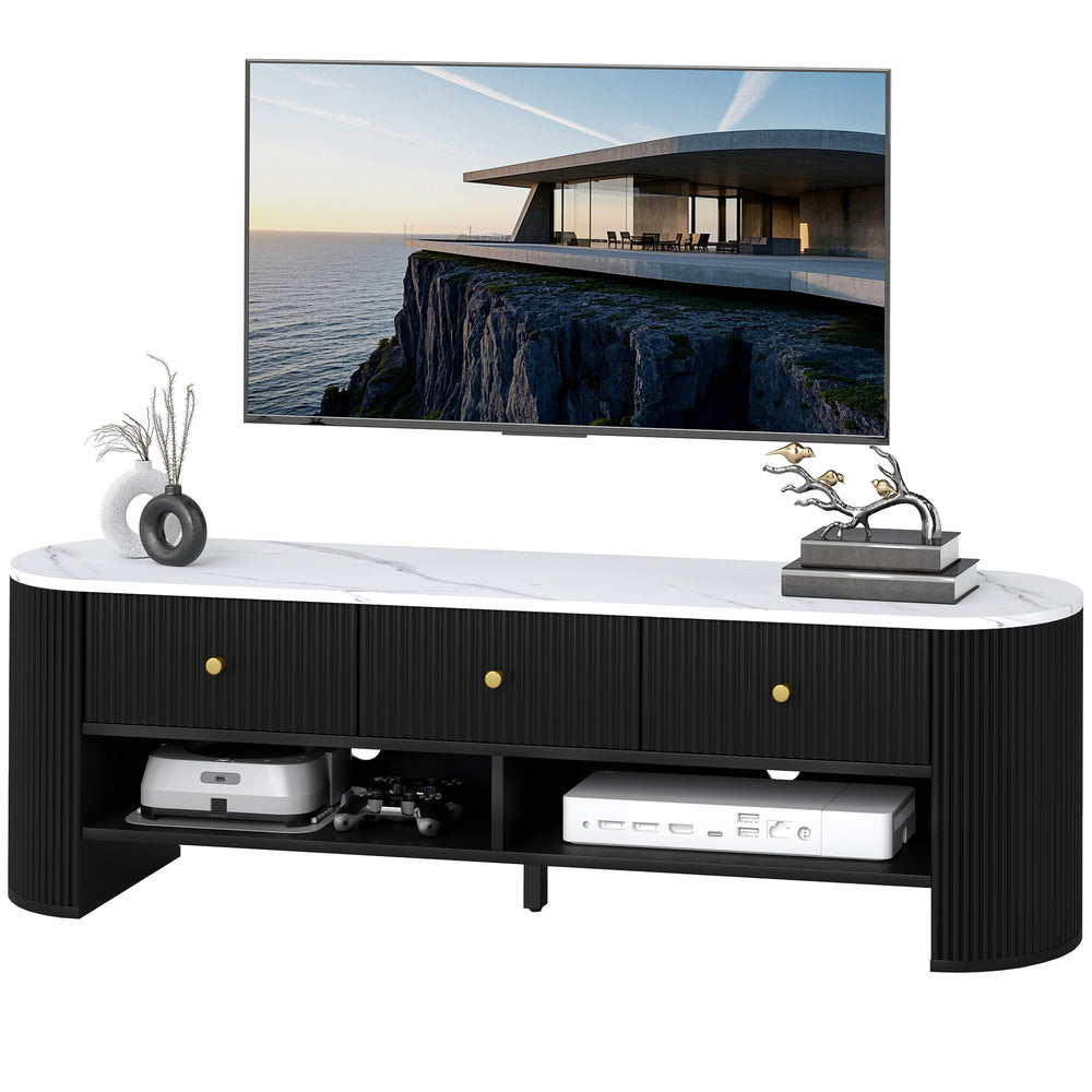 Modern TV cabinet with marble effect top, 3 drawers and 2 open shelves, black