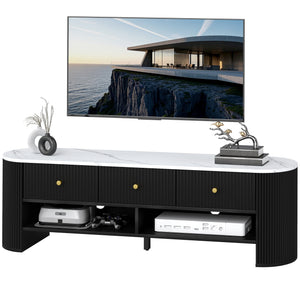 Modern TV cabinet with marble effect top, 3 drawers and 2 open shelves, black