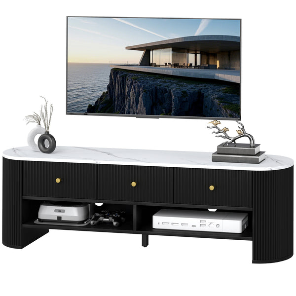 Modern TV cabinet with marble effect top, 3 drawers and 2 open shelves, black