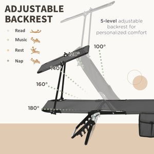 Set of 2 reclining sun loungers with parasol for beach and terrace, dark grey