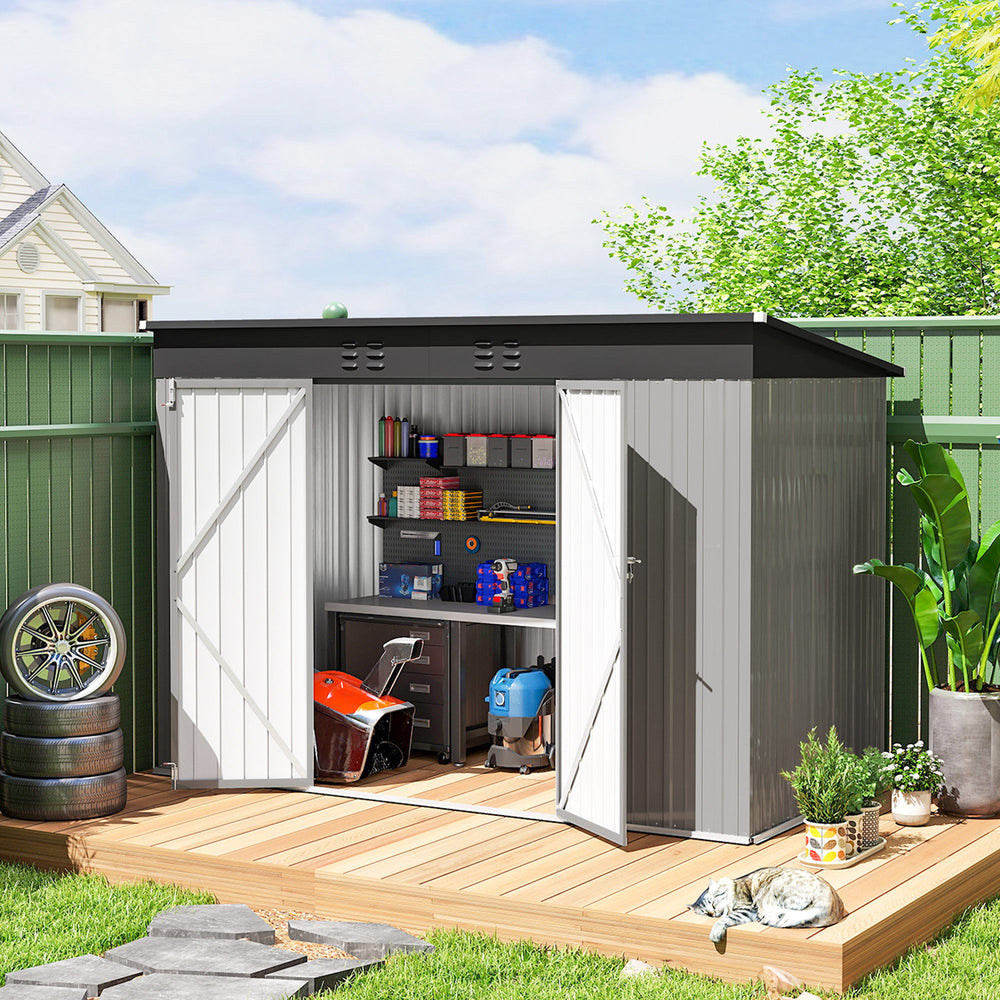 Galvanized steel garden shed with lockable doors