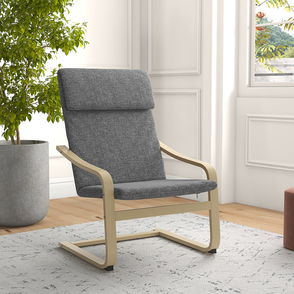 Upholstered accent chair with armrests and wooden frame – Dark gray