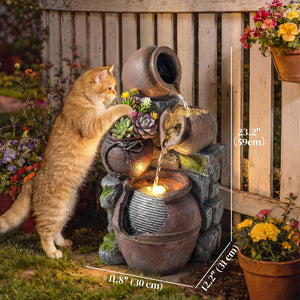 Outdoor fountain with 4-tier rustic pot, LED lighting, and adjustable flow.