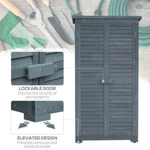Wooden garden shed with 3-tier shelves, asphalt roof and shuttered doors