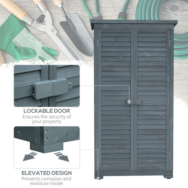 Wooden garden shed with 3-tier shelves, asphalt roof and shuttered doors