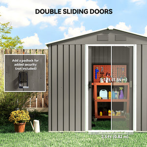Metal garden shed with lockable sliding doors and ventilation, light grey