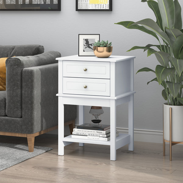 Modern side table with drawers and storage shelf, white