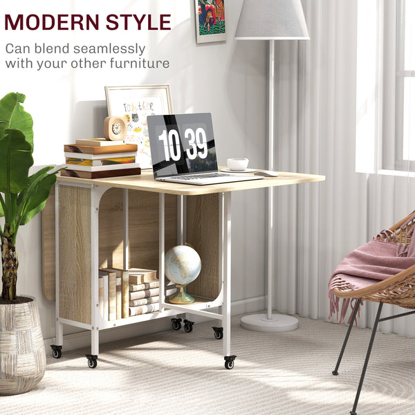 Extendable Folding Dining Table for Small Spaces, 6 Casters, Natural Wood