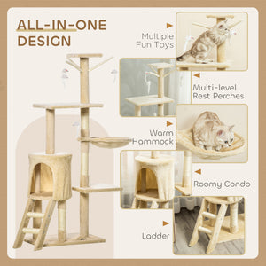 53-inch Cat Tree with Scratching Posts, Tree House, Perches, Ladder, Hammock and Hanging Toys, Beige