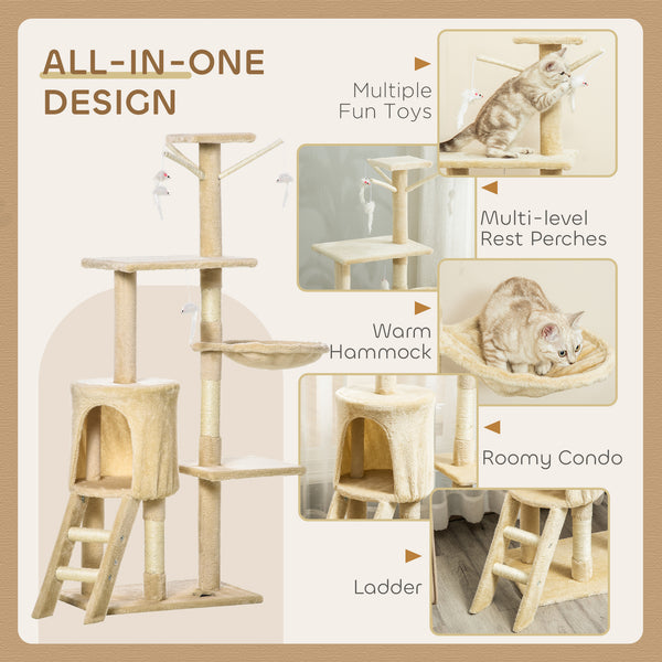 53-inch Cat Tree with Scratching Posts, Tree House, Perches, Ladder, Hammock and Hanging Toys, Beige