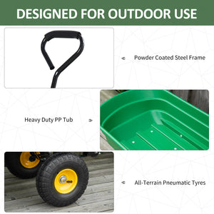 Sturdy, green garden cart with tipping bed