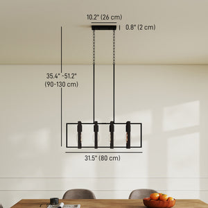 Farmhouse style linear pendant light with 4 rotating shades and adjustable height, black