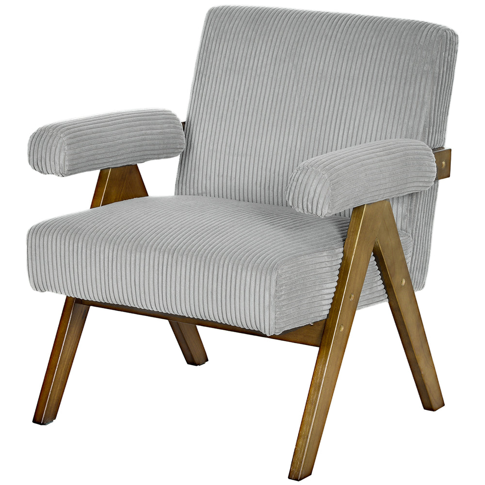 Corduroy accent chair with wide seat and padded armrests, light grey