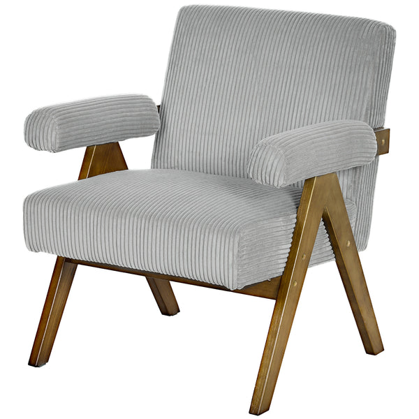 Corduroy accent chair with wide seat and padded armrests, light grey