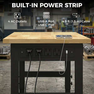 Height-adjustable heavy-duty workbench with power outlets, USB ports, and tool pegboard – Natural wood and black