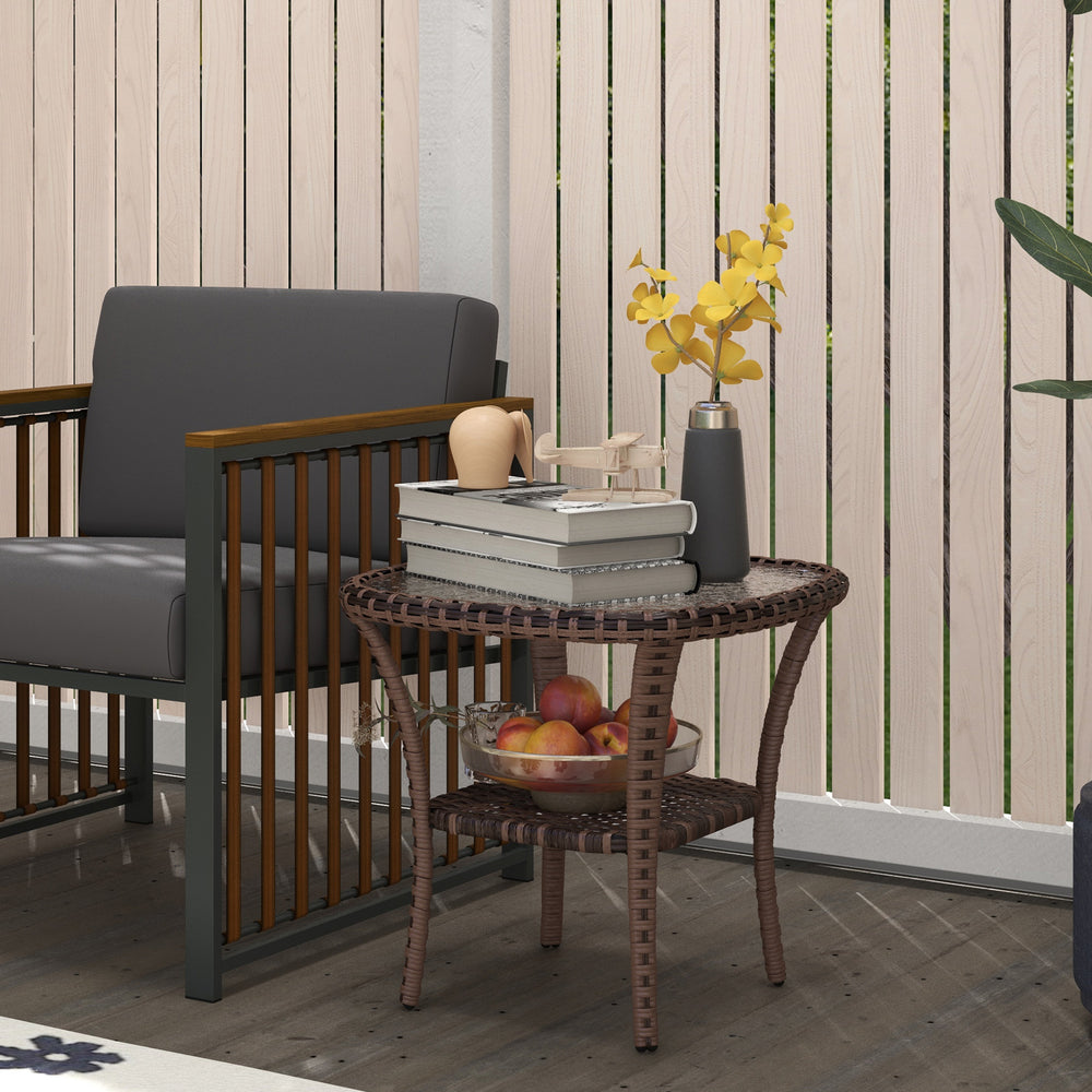 Outdoor Coffee Table with Storage Shelf, Hand-Woven Wicker Side Table with Water-Ripple Glass Top, Mix Brown