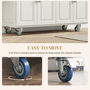 Kitchen island with drop-leaf storage, rubberwood top and adjustable shelves, cream white