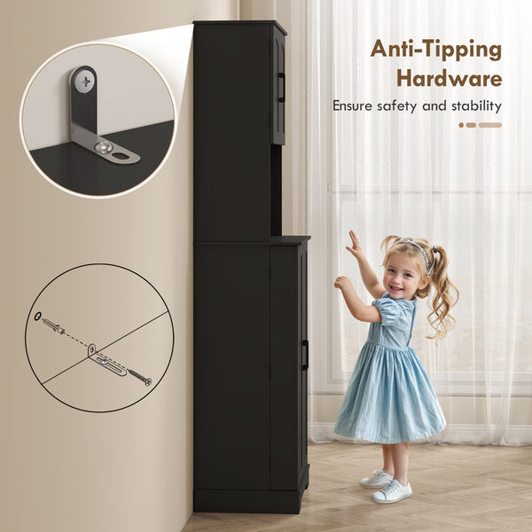 Country-style storage cabinet with adjustable shelves and 8 spice compartments, black.