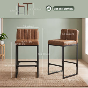 Set of 2 faux leather bar stools with curved backrest and footrest, brown