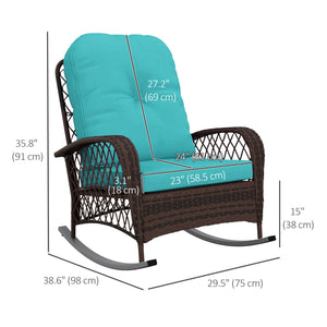 Outdoor Wicker Rattan Rocking Chair Patio Rocker with Thick Cushions for Garden Backyard Porch, Turquoise