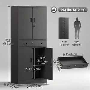 Lockable steel storage cabinet with drawer and adjustable shelves, black