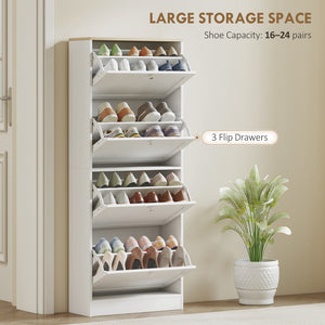 Modern shoe cabinet with 4 hinged drawers and adjustable shelves, for 18 to 24 pairs of shoes, white