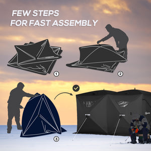 Portable ice fishing shelter for 5 to 8 people, black.