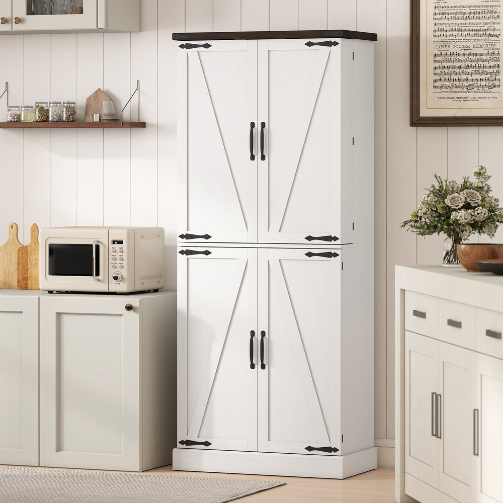 183 cm tall, farmhouse style kitchen cupboard with 8 doors and adjustable shelves, white.