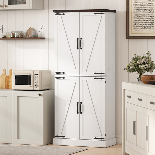 72" Tall Kitchen Pantry Cabinet, Farmhouse Storage Cabinet with 8 Door Racks and Adjustable Shelves, White